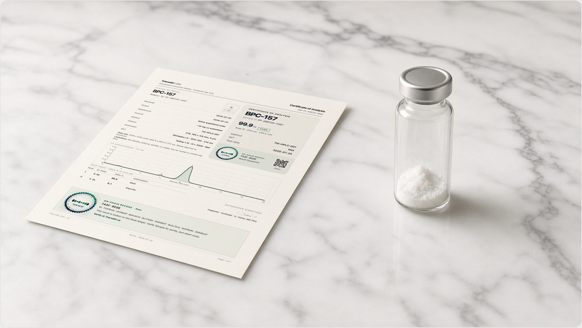 Traceabl Certificate of Analysis on the bench beside a research vial
